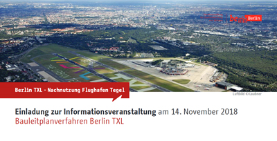Titelseite Einladungsflyer SenStadtWohn zur Infoveranstaltung Bauleitplanung Berlin TXL