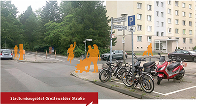 Straßenkreuzung im Wohngebiet Hanns-Eisler-Straße in Berlin mit gelb eingefärbten Silhouetten von Verkehrsteilnehmerinnen und- teilnehmern (Collage)