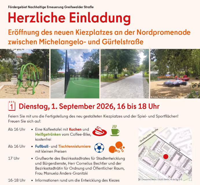 Einladung Eröffnung Kieztreff am 1.9.2026 - Gebietsbetreuung Greifswalder Straße