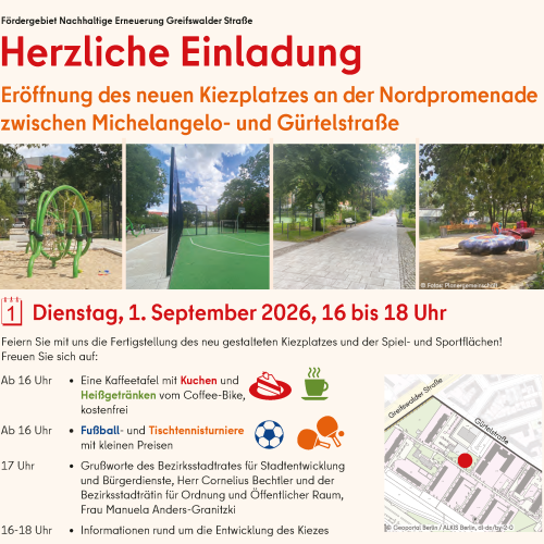 Einladung Eröffnung Kieztreff am 1.9.2026 - Gebietsbetreuung Greifswalder Straße